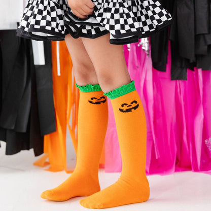 Little Stocking Co. - Jack-O-Lantern Lace Top Knee High Socks