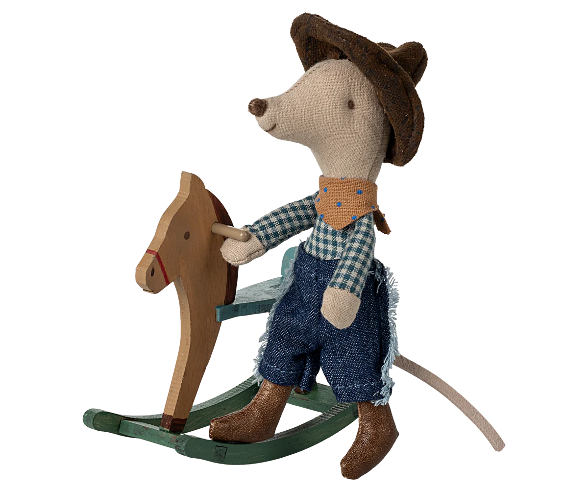 Maileg Little Brother Cowboy Mouse on Rocking Horse