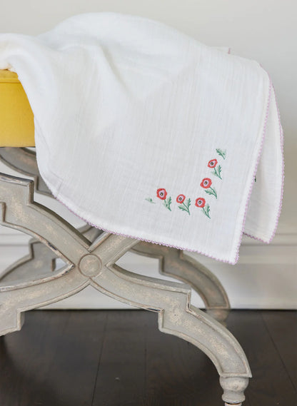 Timo & Violet Shawl Blanket - Embroidered Poppy White