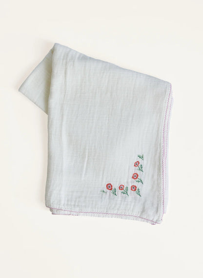 Timo & Violet Shawl Blanket - Embroidered Poppy White