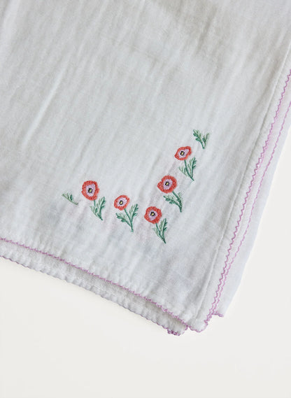 Timo & Violet Shawl Blanket - Embroidered Poppy White