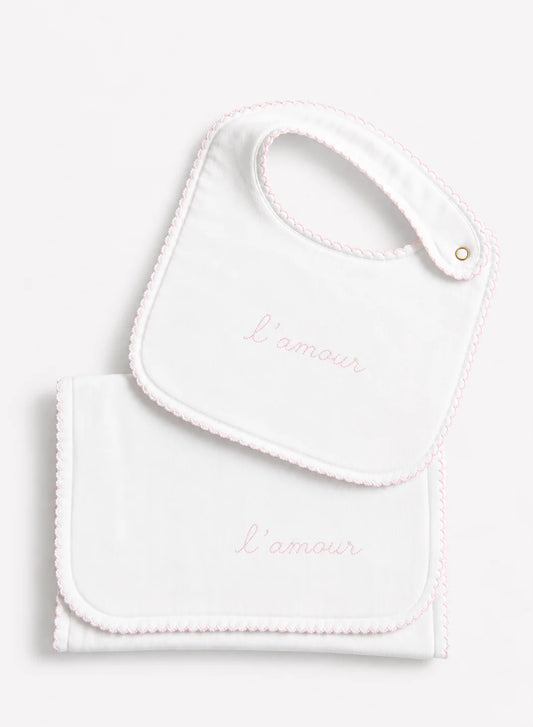 Timo & Violet Bib & Burp Cloth Set - Embroidered L'Amour Pink