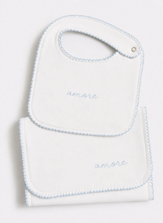 Timo & Violet Bib & Burp Cloth Set - Embroidered Blue Amore