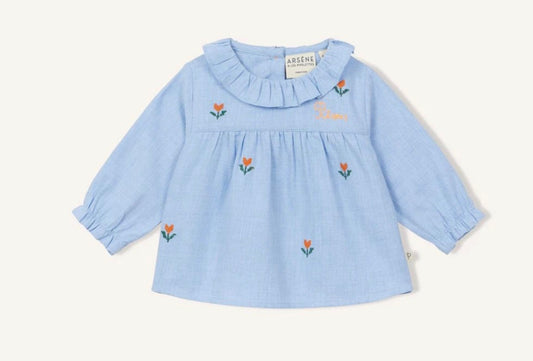 Arsène et les Pipelettes Baby Blouse Flower Embroidery - Sky Blue