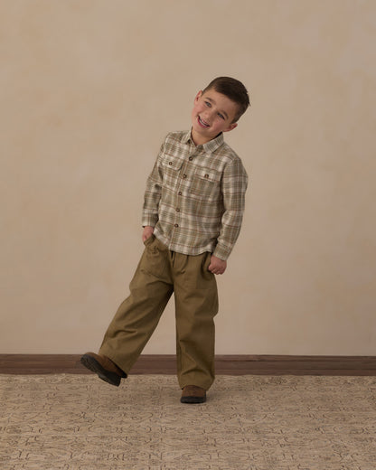 Rylee + Cru Pocketed Corduroy Shirt Olive Dobby Plaid