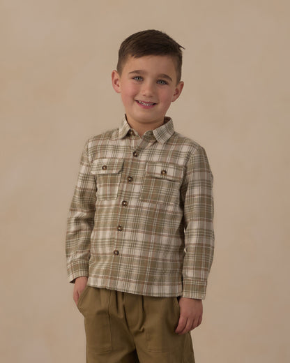 Rylee + Cru Pocketed Corduroy Shirt Olive Dobby Plaid