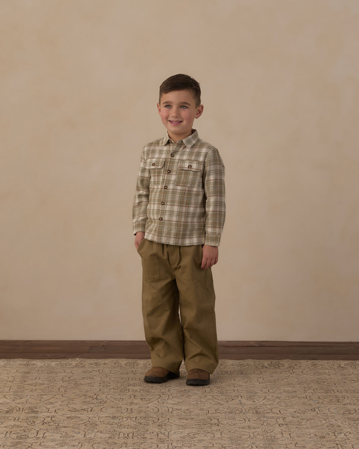 Rylee + Cru Pocketed Corduroy Shirt Olive Dobby Plaid