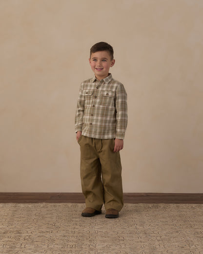 Rylee + Cru Pocketed Corduroy Shirt Olive Dobby Plaid