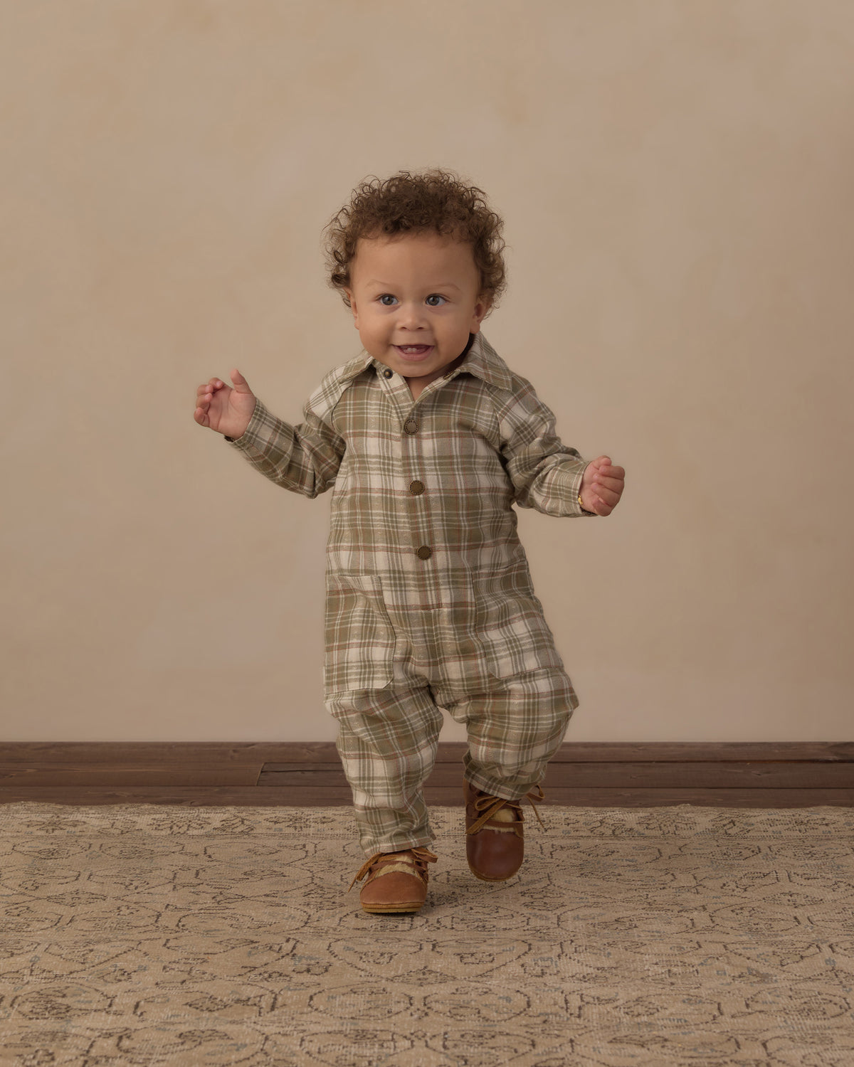 Rylee + Cru Collared Baby Jumpsuit Olive Dobby Plaid