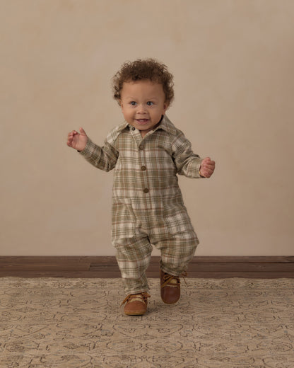 Rylee + Cru Collared Baby Jumpsuit Olive Dobby Plaid