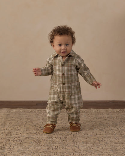 Rylee + Cru Collared Baby Jumpsuit Olive Dobby Plaid