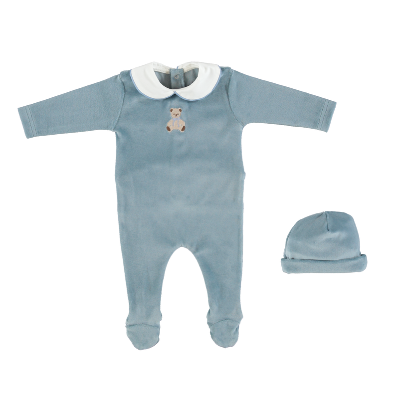 Bebe Organic Eden Collar Overall Set - Teddy Velour Blue
