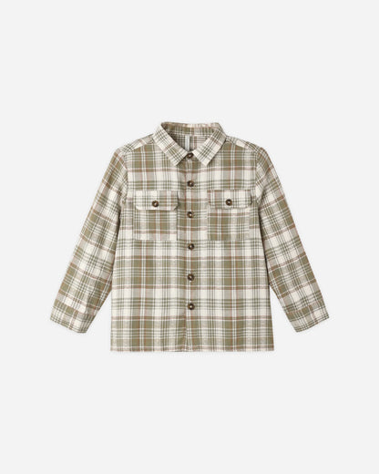 Rylee + Cru Pocketed Corduroy Shirt Olive Dobby Plaid