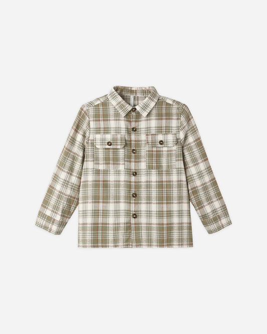 Rylee + Cru Pocketed Corduroy Shirt Olive Dobby Plaid