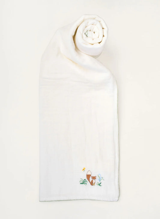 Timo & Violet Shawl Blanket - Embroidered Fox White