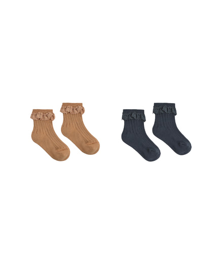 Rylee + Cru Lace Trim Socks, 2-Pack Fawn, Midnight