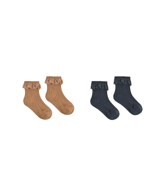 Rylee + Cru Lace Trim Socks, 2-Pack Fawn, Midnight