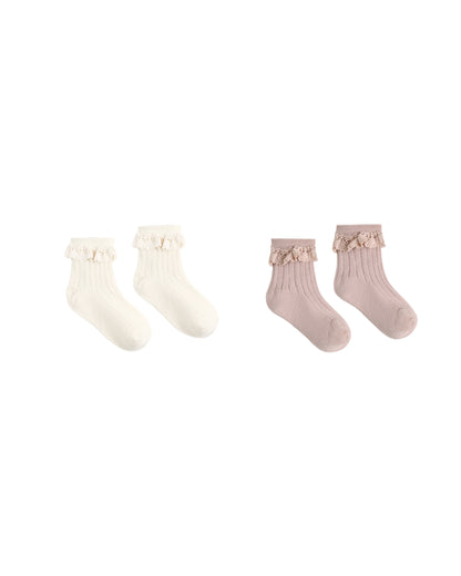 Rylee + Cru Lace Trim Socks, 2-Pack Rosewood, Natural