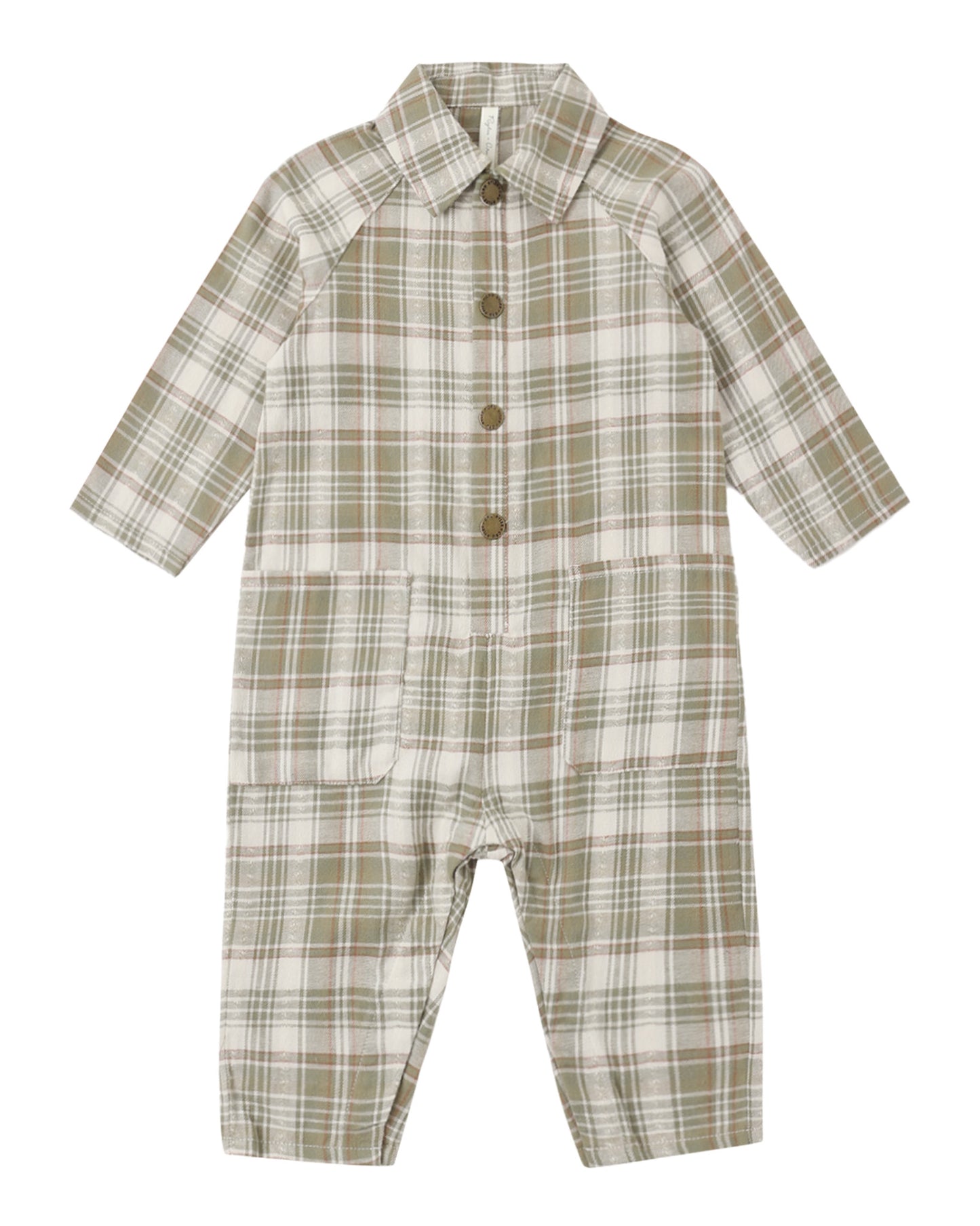 Rylee + Cru Collared Baby Jumpsuit Olive Dobby Plaid