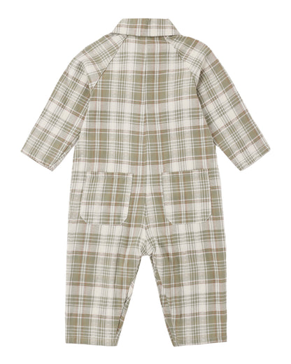 Rylee + Cru Collared Baby Jumpsuit Olive Dobby Plaid