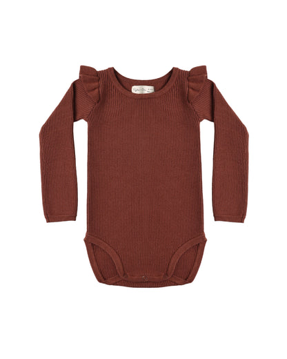 Rylee + Cru Shoulder Ruffle Bodysuit Brick